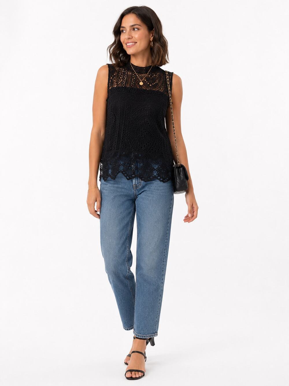 Calligraphie Black Lace Crochet Mock Neck Sleeveless Blouse Top Large Boho